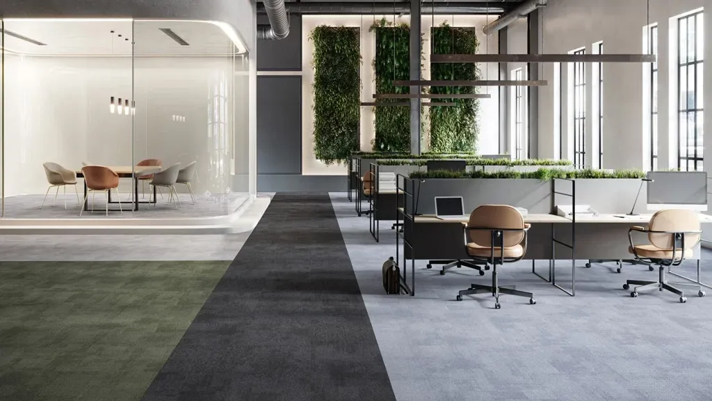A completed commercial carpet tile installation — representative of the project work delivered by Carpet Tiles Dubai across Downtown, Business Bay, and Al Quoz.